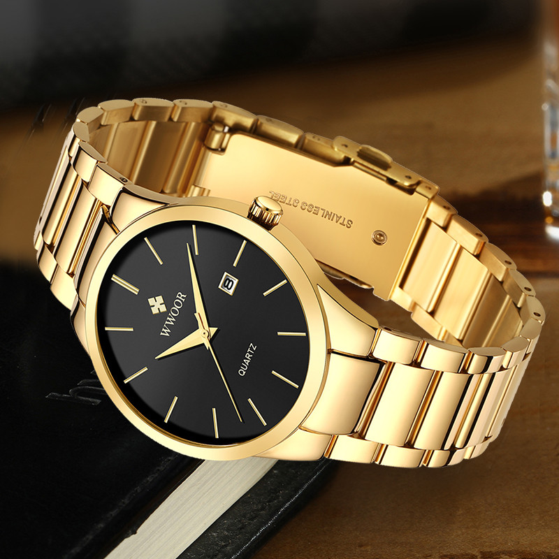 Vienkārša stila pulksteņi vīriešiem Kvarca nerūsējošā tērauda pulkstenis WWOOR vīriešu pulksteņi Top zīmola luksusa zelta melns ūdensizturīgs rokas pulkstenis
