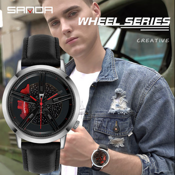 Ανδρικό ρολόι χειρός Quartz Racing Wheel Dial Custom Design Αδιάβροχο ρολόι αυτοκινήτου Δερμάτινο Προσαρμοσμένο μη εκτυπωτικό Ρολόγια με πλήμνη τροχού