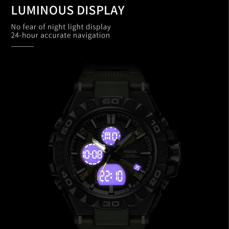 Jauni vīriešu modes pulksteņi Kvarca pulkstenis Ūdensizturīgs 50 M vīriešu digitālais pulkstenis Led 8071 Smael zīmola pulkstenis militārajam sportam ar dubultu displeju