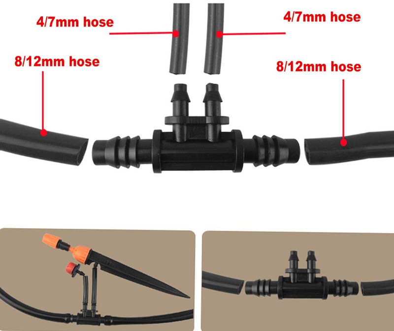 10 gab. 8/11 mm dārza šļūtenes apūdeņošanas piederumi 3 ceļi 4 ceļi 3/8" līdz 1/4" dzeloņveida savienotājs zālienam, lauksaimniecībai un pilienu caurulēm
