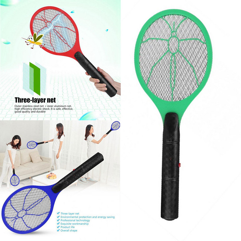 Мухобойка Електрическа 3-слойна мрежа Прогонване на насекоми Ракетка Безжична дълга дръжка Захранване от батерия