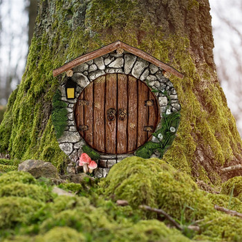 Μινιατούρα Μίνι Ξύλινη Πόρτα Fairy Gnome Door Μικροσκοπικό άγαλμα Σπίτι Αυλή Τέχνη Γλυπτό δέντρου Στολίδι Διακόσμηση εξωτερικού κήπου