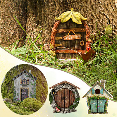 Miniatură miniatură din lemn ușă zână gnom ușă statuie microscopică acasă curte artă arbore sculptură ornament ornament pentru grădină în aer liber