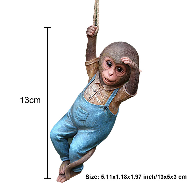 Krāsaini sveķu dekoratīvi amatniecības izstrādājumi, imitēta piekārta pērtiķa formas skulptūra āra pagalma iekšpagalmam