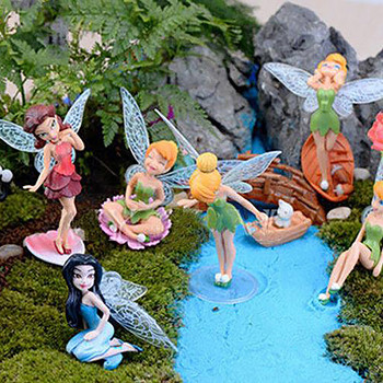 6Pcs Flower Fairy Pixie Fly Wing Miniatures Фигурки за момичета Фигурки за феи Аксесоари Куклена къща Орнамент Градинска декорация