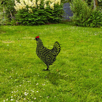 Статуя на кокошка и пиле в двора Творческо изкуство Декоративни градински колове за тревни площи Метално изкуство Петел Метално животно Орнаменти за градинарство 35AB