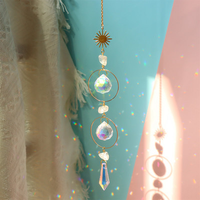 Kristály szélcsengő prizmás napfogó, fém függő ablak medál, szivárvány fényfogó, színes gyöngyök kerti dekorációval