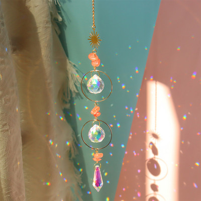 Kristály szélcsengő prizmás napfogó, fém függő ablak medál, szivárvány fényfogó, színes gyöngyök kerti dekorációval