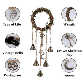 Камбани на вещици за защита Декорация на врати Вещерски камбанки Подарък за домашен декор с венец от полумесец Консумативи на Wicca с руни на вещици