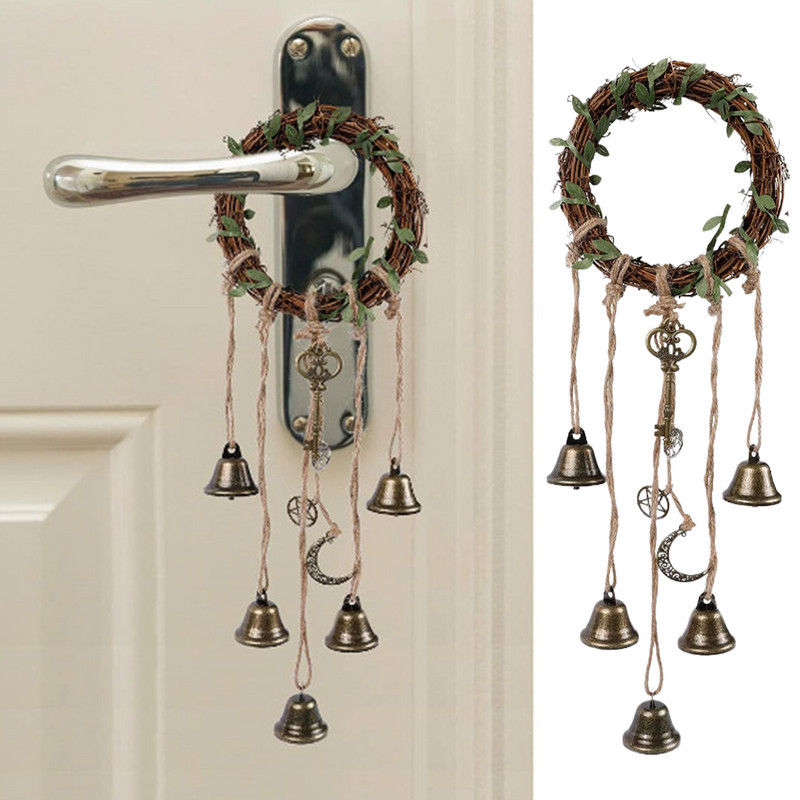 Raganų varpai, skirti apsaugoti duris, dekoruoti raganos vėjo varpelius namų dekoro dovana su pusmėnulio vainiku Wicca reikmenys su raganų runomis