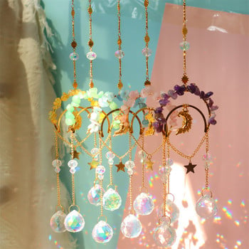 Wind Chime Crystal Light Catcher Висящ орнамент Естествен камък Звезда Луна Призма Метално осветление Бижута Декорация на домашна стая