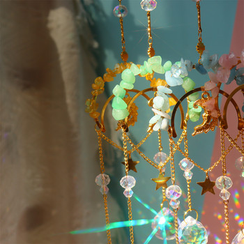 Wind Chime Crystal Light Catcher Висящ орнамент Естествен камък Звезда Луна Призма Метално осветление Бижута Декорация на домашна стая