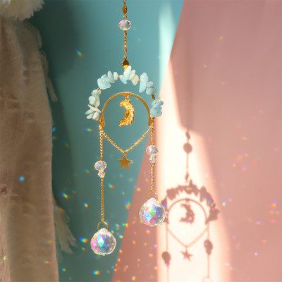 Vēja zvans, kristāla gaismas ķērējs, iekarināms ornaments dabīgā akmens zvaigzne mēness prizma metāla apgaismojums rotaslietas mājas istabas dekors