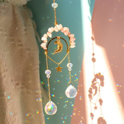 Vēja zvans, kristāla gaismas ķērējs, iekarināms ornaments dabīgā akmens zvaigzne mēness prizma metāla apgaismojums rotaslietas mājas istabas dekors