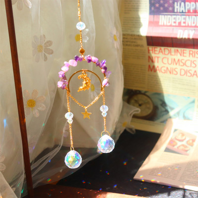 Vēja zvans, kristāla gaismas ķērējs, iekarināms ornaments dabīgā akmens zvaigzne mēness prizma metāla apgaismojums rotaslietas mājas istabas dekors