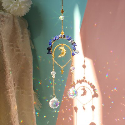 Vēja zvans, kristāla gaismas ķērējs, iekarināms ornaments dabīgā akmens zvaigzne mēness prizma metāla apgaismojums rotaslietas mājas istabas dekors