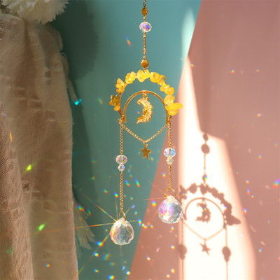 Vēja zvans, kristāla gaismas ķērējs, iekarināms ornaments dabīgā akmens zvaigzne mēness prizma metāla apgaismojums rotaslietas mājas istabas dekors