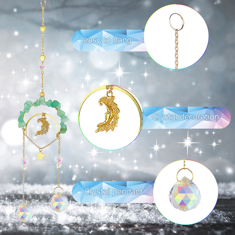 Vēja zvans, kristāla gaismas ķērējs, iekarināms ornaments dabīgā akmens zvaigzne mēness prizma metāla apgaismojums rotaslietas mājas istabas dekors