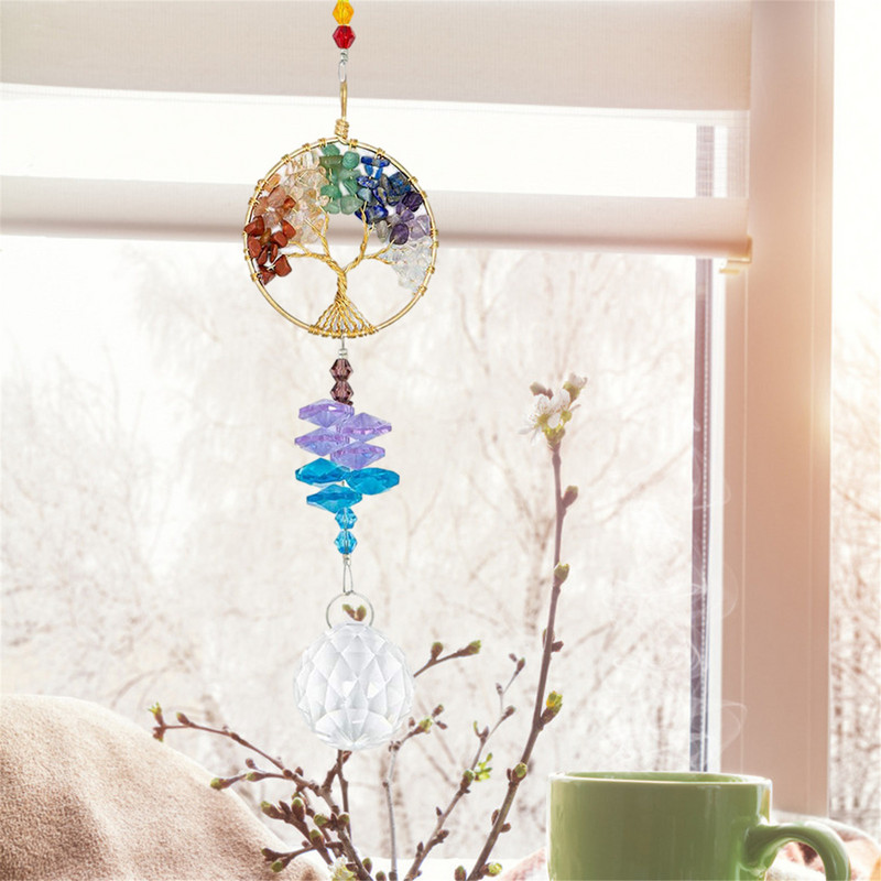 Dzīvības koks, kristāla apgaismojums, saules ķērējs, ar rokām darināts kulons dārza dekors Mājas estētiskais dekors Mājas piekarināmais ornaments