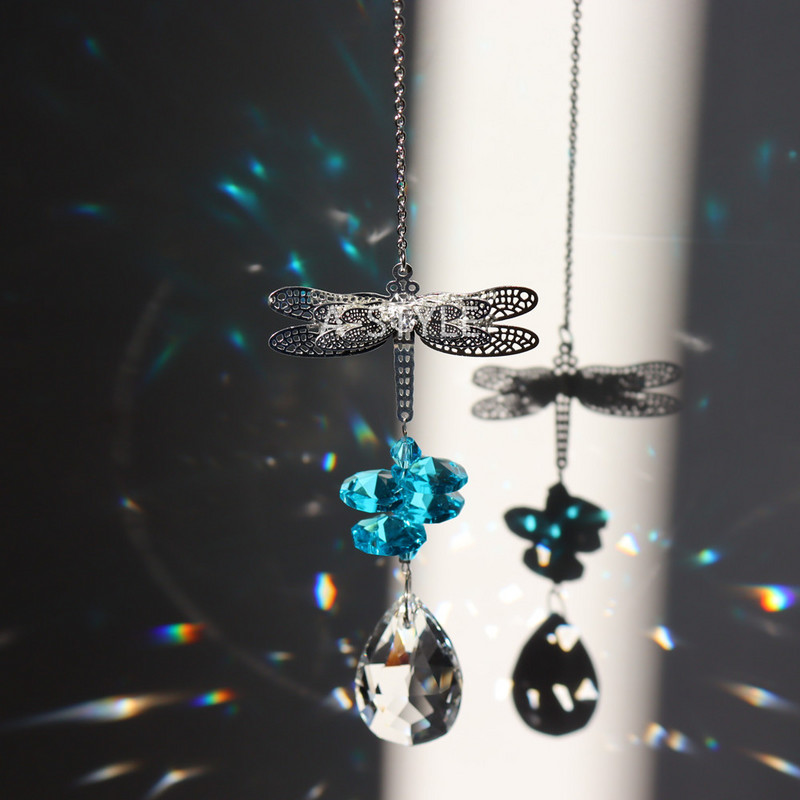 6 värviline 33,5 cm käsitsi valmistatud metallist kristallist ripats Dragonfly ripats, akna rippuv kaunistus vikerkaare seeria kodu kodukaunistus