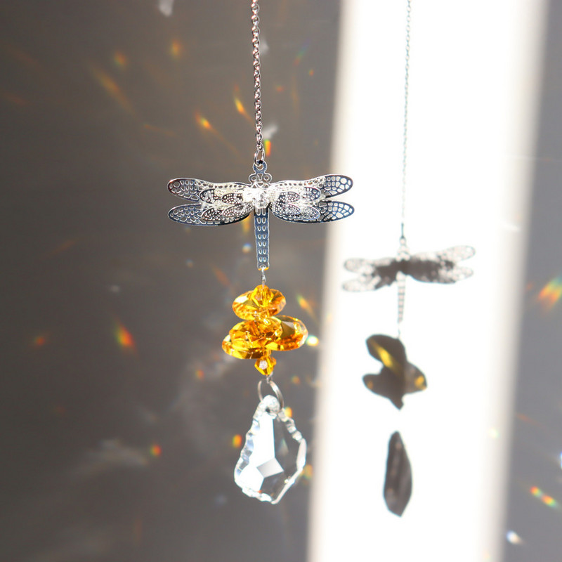 6 värviline 33,5 cm käsitsi valmistatud metallist kristallist ripats Dragonfly ripats, akna rippuv kaunistus vikerkaare seeria kodu kodukaunistus