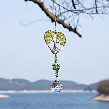 H&D Кристал във формата на сърце Дървото на живота Suncatcher Лечебни естествени камъни Rainbow Maker Window Висящ орнамент Декорация на домашна градина