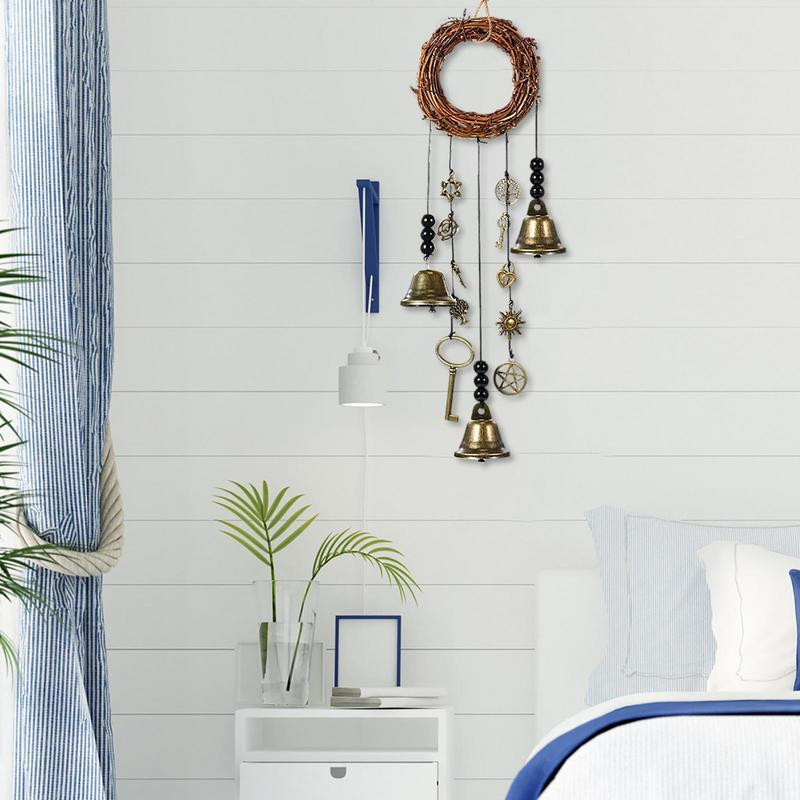 1 gab. Raganu zvana vēja zvans, rotangpalmas roku darbs, piekārti raganu zvani Wiccan burvju vēja zvani veiksmei mājas dekorēšanai, amatniecības dāvana