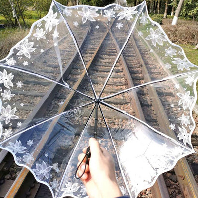 Нов прозрачен сгъваем дамски чадър, модерен и луксозен чадър, водоустойчив креативен чадър, черен като лято Flowe