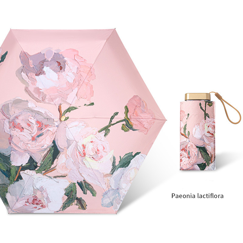 „Totes Micro Mini“ rankinis kompaktiškas skėtis, skėtis su rožių aliejumi, rožinis su įvairiaspalvėmis gėlėmis, kelioninis skėtis moteriai