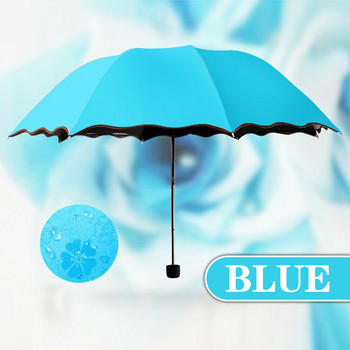 Горещи дамски UV защитни преносими мини чадъри Ветроустойчиви 3-сгъваеми цветчета във вода, променящи цвета Анти-UV слънце/дъждов чадър