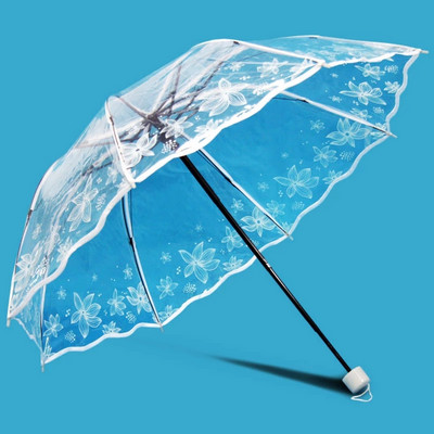 Цвете Роза Прозрачен сватбен бял чадър Дамски преносим мини чадър за дъжд Външен прозрачен пластмасов принцеса черешови чадъри