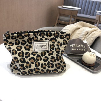 Голяма дамска чанта за грижа за кожата с леопардов платнена водоустойчива чанта за грим с цип Органайзер за грим за измиване при пътуване Калъф за красота