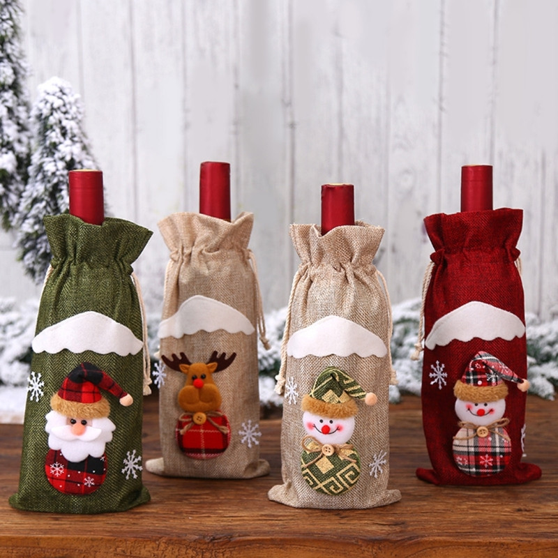 Χριστουγεννιάτικο κάλυμμα μπουκαλιού κρασιού Καλά Χριστούγεννα Διακόσμηση Χιονάνθρωπος Άγιος Βασίλης Χριστουγεννιάτικη διακόσμηση τραπεζιού