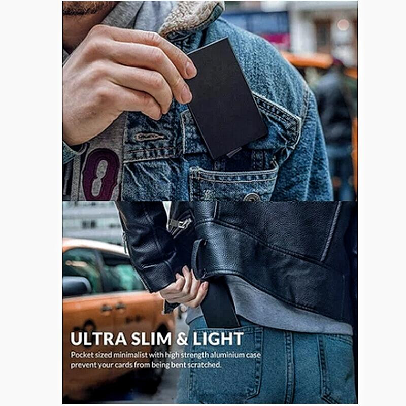 Kinyíló RFID kártyatartó Vékony alumínium pénztárca rugalmasság Hátsó tasak azonosító Hitelkártya tartó blokkolás Védelem utazási igazolványtartó