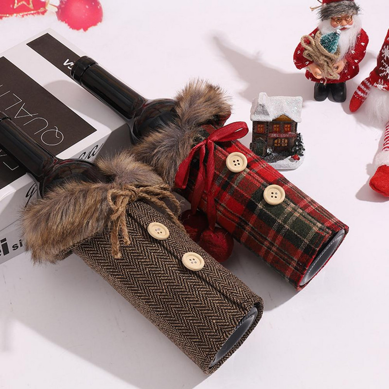 Prugasti platneni pulover s božićnim ukrasima, navlaka za bocu vina