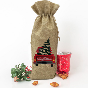 Χριστουγεννιάτικο Δέντρο Αυτοκινήτου Εκτυπωμένη Σακούλα Κρασιού Μπουκάλι Κρασιού Κάλυμμα Σκόνης από Λινάτσα Πρωτοχρονιάτικο πάρτι Δώρα διακόσμησης για οικογενειακό φίλο