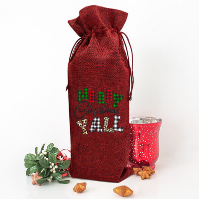 Priecīgus košus Ziemassvētku eglīšu apdrukas vīna pudeļu maisiņš rupjš audekls putekļu vāciņš aizsargā pudeļu ģimeni banketu dekorēšana Ziemassvētku dāvanas