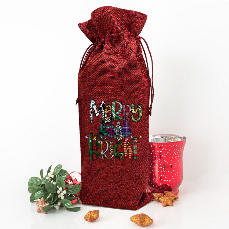 Priecīgus košus Ziemassvētku eglīšu apdrukas vīna pudeļu maisiņš rupjš audekls putekļu vāciņš aizsargā pudeļu ģimeni banketu dekorēšana Ziemassvētku dāvanas