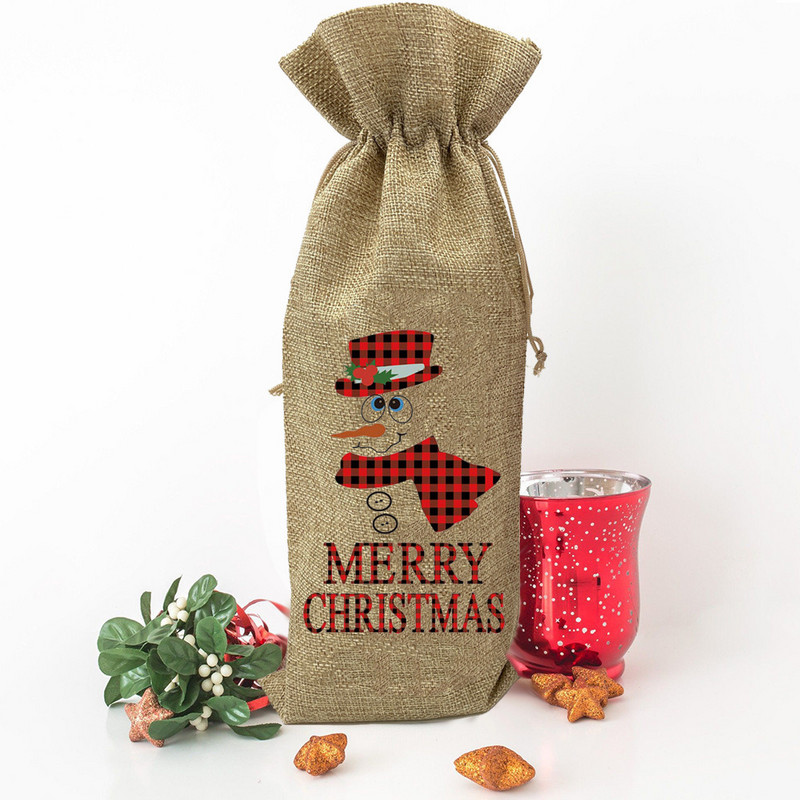 Hóember szarvas zsákvászon borostáskák zsákvászon csomag újrafelhasználható táska Merry Christmas Party bortároló zseb újévi ajándék borbarátnak