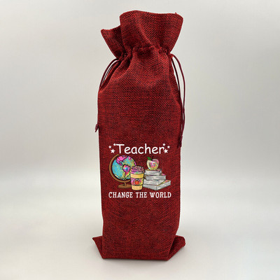 Tanár Változtasd meg a Világot Nyomtatás Zsákvászon borostáskák Borosüveg táska húzózsinórral Újrafelhasználható zsákvászon borostáska Ötlet Ajándék tanárnak