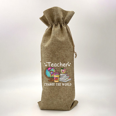 Tanár Változtasd meg a Világot Nyomtatás Zsákvászon borostáskák Borosüveg táska húzózsinórral Újrafelhasználható zsákvászon borostáska Ötlet Ajándék tanárnak