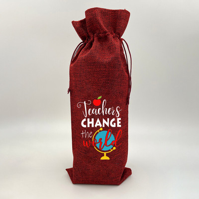Tanár Változtasd meg a Világot Nyomtatás Zsákvászon borostáskák Borosüveg táska húzózsinórral Újrafelhasználható zsákvászon borostáska Ötlet Ajándék tanárnak