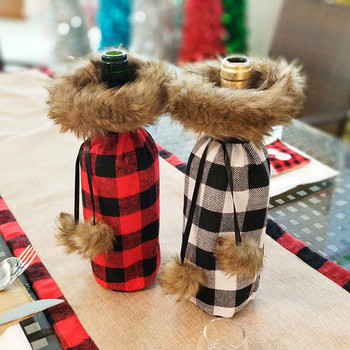 Χριστουγεννιάτικο Σετ Κρασιού Καρό Μοτίβο με Γούνινη Μπάλα Διακοσμητικό Μπουκάλι για Δείπνο για το Σπίτι για Πάρτι