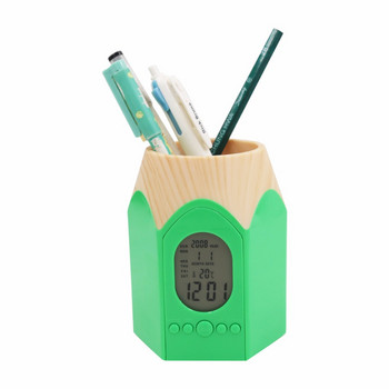 Държач за химикалка с форма на глава за молив с дигитален дигитален будилник Многофункционален гърне за молив Настолен часовник с календар за офис температура