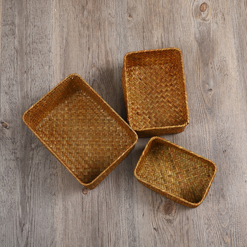 Ορθογώνιο χειροποίητο φυσικό ψάθινο καλάθι αποθήκευσης θαλάσσιου χόρτου Κάδοι οργάνωσης σπιτιού Φιλικά προς το περιβάλλον ρούχα Καλάθι για πικνίκ με φρούτα