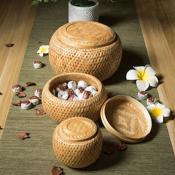 Ръчно изработена двойна бамбукова тъкан, малка мини кошница за съхранение с капак Кутия за опаковане на храна Кутия за цветя Саксия