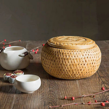 Χειροποίητο Bamboo Weave Διπλής στρώσης Μικρό Μίνι Αποθηκευτικό Καλάθι Με Κάλυμμα Τσαγιού Κουτί συσκευασίας Τροφίμων Γλάστρα