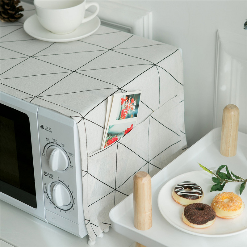 Balts/melns šaha galdiņa raksta drukas lina putekļu necaurlaidīgs vāks mikroviļņu krāsnīm pušķu bumbiņa kabatas ģeometriskais putekļu pārsegs 30x90cm