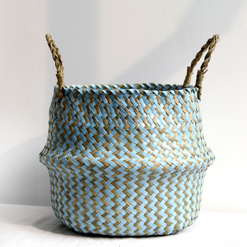 Ръчно изработена плетена кошница за съхранение Сгъваема кошница за пране Пачуърк от слама Rieten Mand Раирана кошница с цветя от морски водорасли Panier Osier