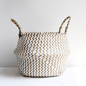 Ръчно изработена плетена кошница за съхранение Сгъваема кошница за пране Пачуърк от слама Rieten Mand Раирана кошница с цветя от морски водорасли Panier Osier